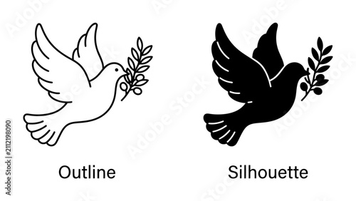 Quadro su tela Symbol of Peace: Two doves, one outlined and one in silhouette, fly gracefully while carrying olive branches, representing peace, hope, and a message of goodwill
