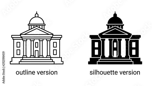 Картината върху платно Classical Building Icon: Two stylized representations of a classical building, one an outline and the other a silhouette, showcase architectural elegance and enduring design