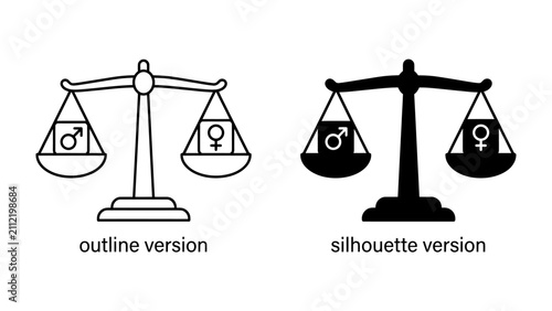Bild auf Leinwand Gender Equality Scales: Two scales of justice, one an outline and the other a silhouette, represent gender equality with male and female symbols balancing perfectly on each side