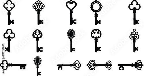 Set of vintage key silhouettes in various ornate and decorative shapes, featuring different bow, shank, and bit in black on white