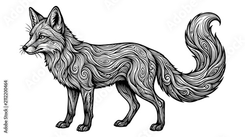 Foto Fox with a bushy tail is depicted in a flowing black and white illustrative style that emphasizes the swirling fur patterns and the animal's sharp features