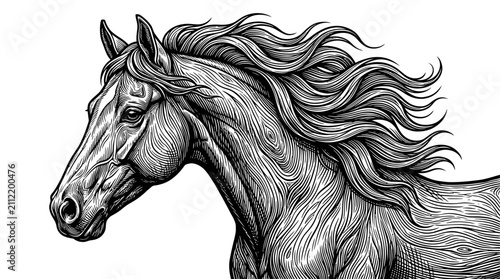 Canvastavla Horse profile captures a dynamic sense of motion with long flowing mane hair that incorporates stylized wood grain patterns throughout the neck and head