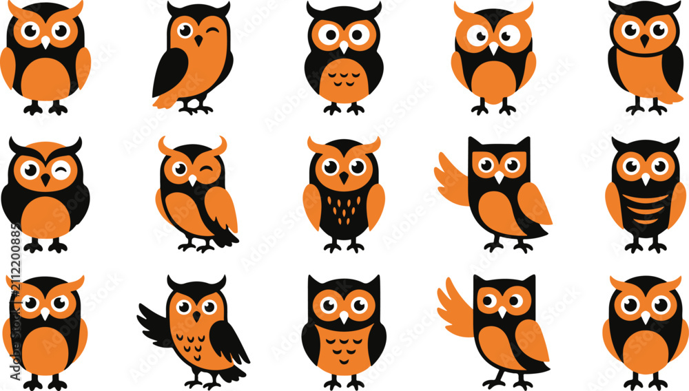 Obraz premium Set of cute cartoon owl characters for haloween celebration with various expressions and poses on white background