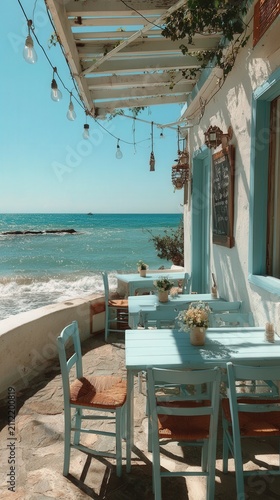 Cozy seaside cafe terrace with pastel blue tables and chairs overlooking turquoise ocean waves under sunny sky, perfect summer travel and lifestyle concept.