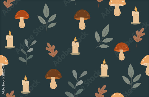 Autumn seamless pattern with pumpkins, mushrooms, leaves, candles and botanical elements on a dark background. Cozy fall vector illustration perfect for seasonal textiles, wrapping paper, fabric, wall