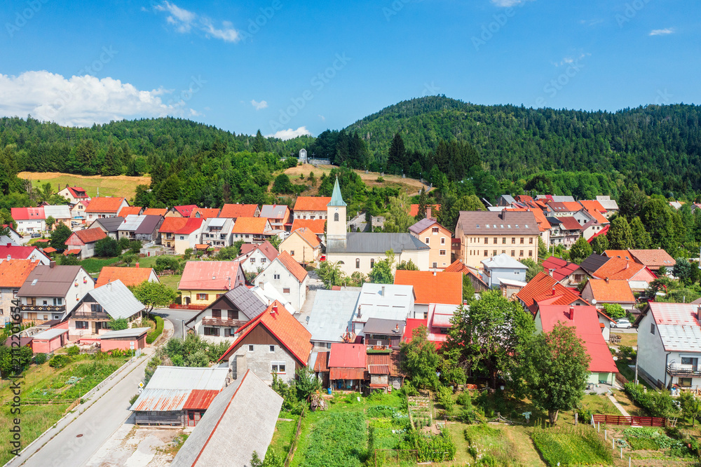 Fototapeta premium Aerial view of summer countryside landscape, town of Lokve in Gorski kotar, Croatia