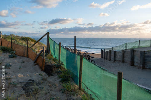 Coastal landscape view of sandy dunes, protective green netting, wooden fences, and the ocean beach at Labenne-Océan in the Landes, France. Sunset lighting.