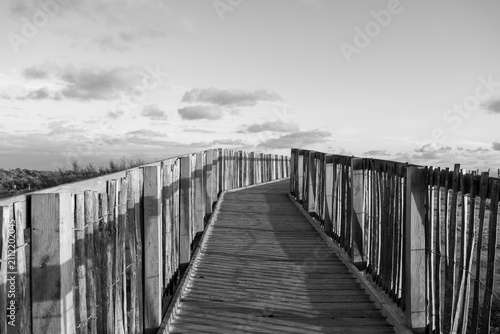 Black and white wooden boardwalk path through coastal dunes toward the ocean beach at Labenne-Océan, Landes, France. Distant horizon is clear.