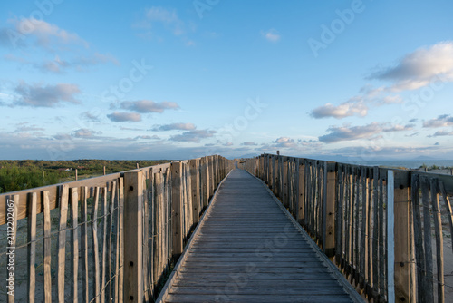 Wooden boardwalk path through coastal dunes toward Labenne-Océan in the Landes, France, with the Pyrenees mountains visible in the distant horizon. Clear blue sky.