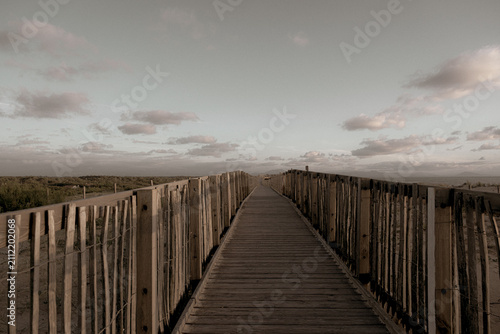 Wooden boardwalk path through coastal dunes toward Labenne-Océan in the Landes, France, with the Pyrenees mountains visible in the distant horizon. Vintage sepia toning.