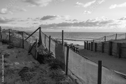 Scenic black and white view of coastal dunes, protective fences, and the ocean beach at Labenne-Océan in the Landes, France. Monochrome coastal landscape photography.