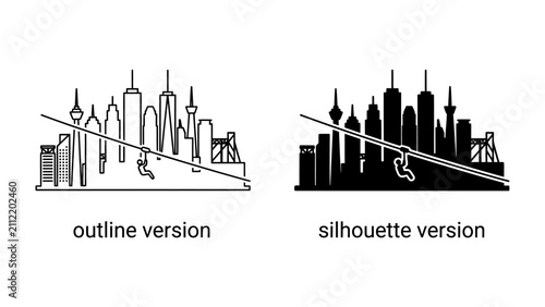 Принти на полотні Skyline Zipline Adventure: Two distinct representations, outline and silhouette, showcase a thrilling zipline ride against a backdrop of a modern cityscape
