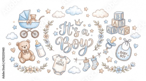 Watercolor baby boy shower collection featuring cute nursery items and decorative elements on white background