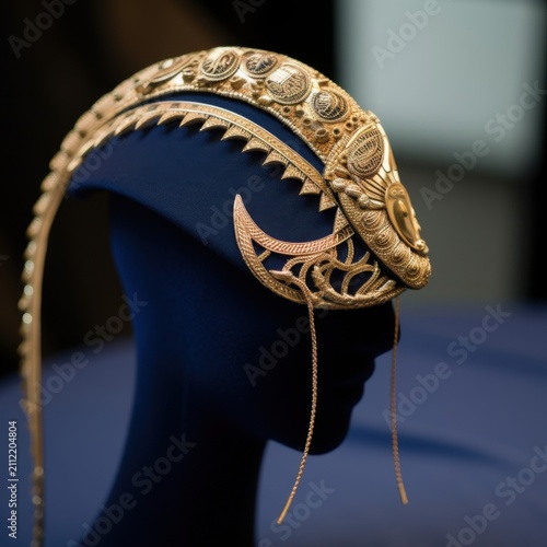Gold cobra headpiece on dark blue velvet with intricate metalwork.