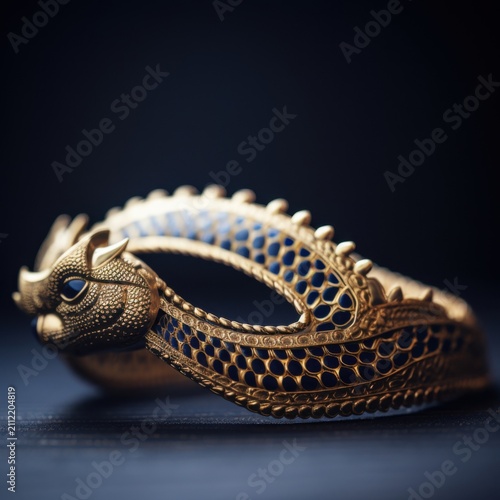 Gold cobra headpiece on dark blue velvet with intricate metalwork.