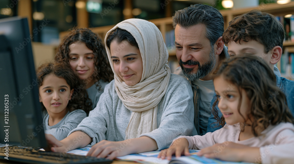 Fototapeta premium A Syrian family gathers at a public library computer station for an English as a Second Language registration session, children spreading workbooks across the table while a librarian demonstrates ho
