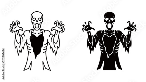 Картината върху платно Halloween Zombie Silhouette: Two eerie zombie silhouettes with outstretched arms and gaping mouths, embodying the spooky spirit of Halloween, are presented in a stark black and white graphic