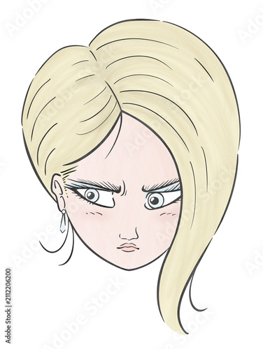 Hand‑drawn portrait of a blonde woman gazing sideways, focused, serious, beautifull