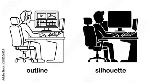 Картината върху платно Video Editor at Work: A person, shown in both outline and silhouette, sits at a desk with multiple monitors, working as a video editor, indicating a creative professional engrossed in their task