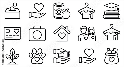 Quadro su tela Charity And Donation Icons Line Style On White Background altruism assistance be