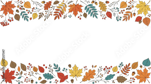 Autumn Decorative Border with Colorful Leaves and Seasonal Elements Vector
