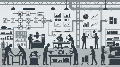 Workers collaborate in a busy manufacturing facility to optimize production processes and industrial workflows.