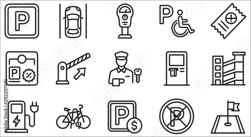 Parking And Transportation Icons Line Style On White Background accessibility administration airport barrier bicycle building