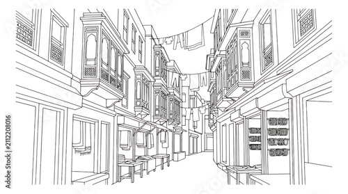 Fotografie Vintage line art illustration of a narrow Mediterranean street, historic town ar
