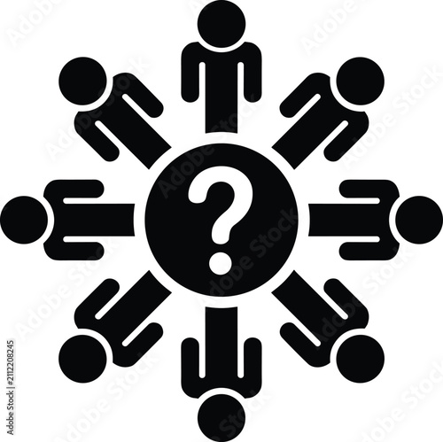 Business team surrounding question mark icon for problem solving brainstorming teamwork and decision making vector illustration.