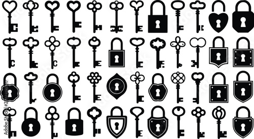 Set of vintage keys and padlocks black silhouettes icons collection isolated on white background vector illustration.