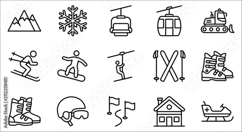 Canvastavla Winter sports icons set line style depicting skiing snowboarding and mountain re