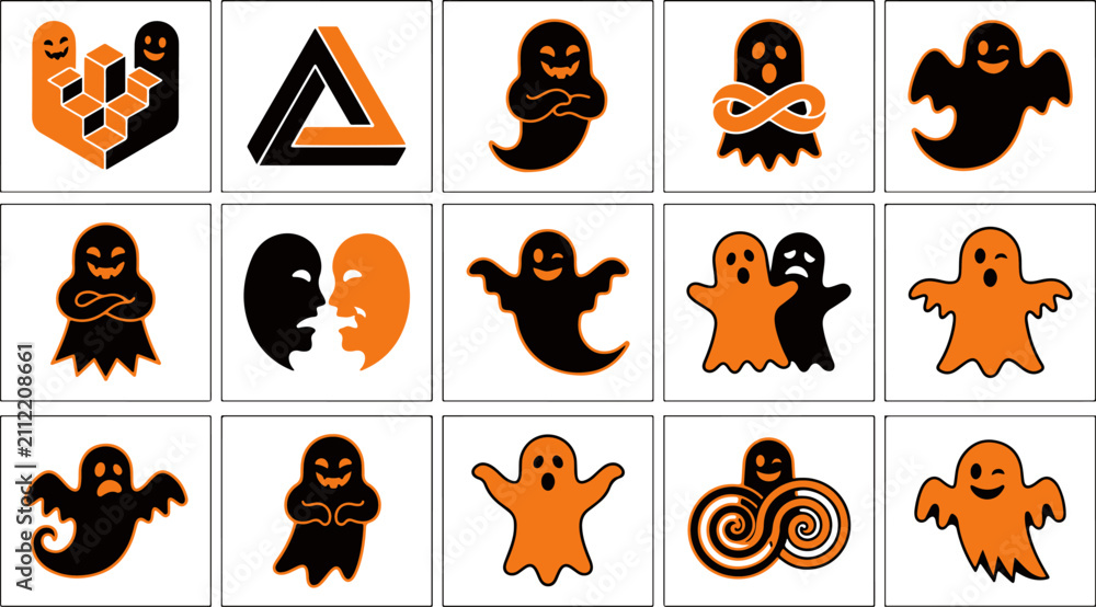 Obraz premium Set of cute black and orange ghost icons for halloween party decorations and festive spooky graphic design projects