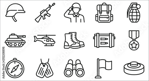 Obraz na plátne Military icons set line style depictions of equipment and symbols on a white bac