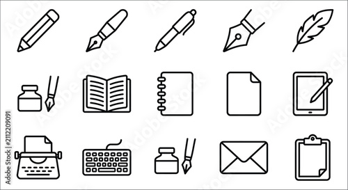Photography Writing implements and stationery icons black line art on a white background pen