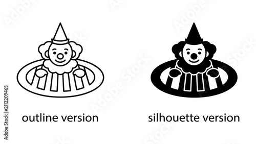 Obraz na płótnie Clown Icon Comparison: Two styles of a playful clown illustration, presented in outline and silhouette, ready to bring joy to any project