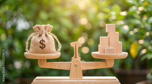 Money bag and cardboard boxes on a wooden balance scale in a garden