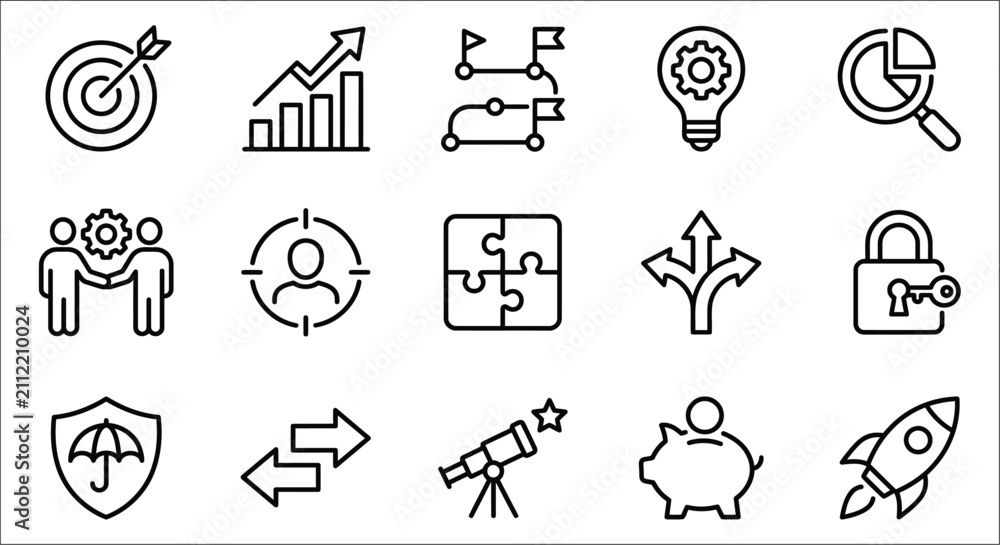 Fototapeta premium Collection Of Business Icons Line Style Featuring Targets Charts And Gears On White Background achievement