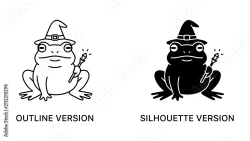 Fotografía Wizard Frog Duo: A charming illustration presents a wizard frog in two distinct versions: an outline and a silhouette