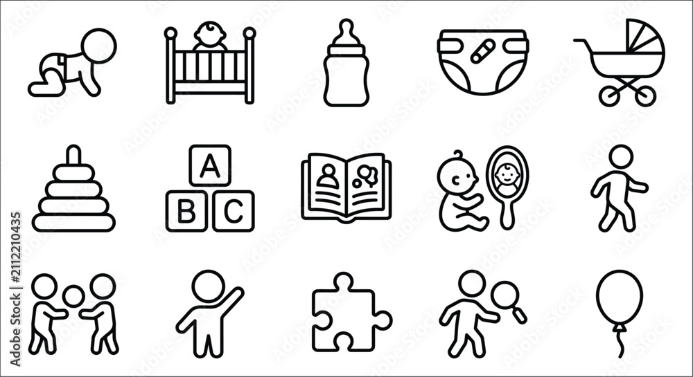Fototapeta premium Baby related icons line style depicting childcare and early development concepts on a white background