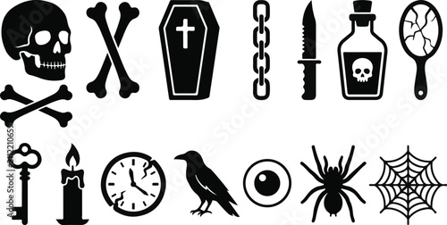 Set of black and white gothic icons featuring spooky halloween symbols and dark mystery elements for creative design