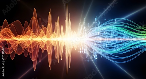 Abstract representation of sound waves or digital data flow with vibrant colors and light spectrum.