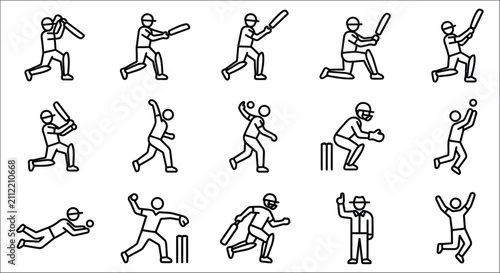 Cuadro en lienzo Cricket players in various poses line icons on a white background athlete batsma