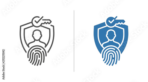 Digital Security Icon: Fingerprint, Shield, Key, and Person - Line Art and Blue Fill