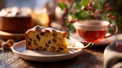 Dundee cake slice served with tea
