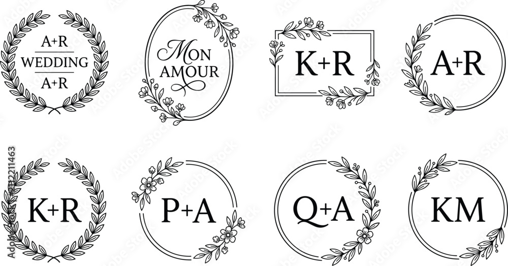 Fototapeta premium Elegant floral wedding monogram frames and laurel wreath set line art vector illustration isolated on white background