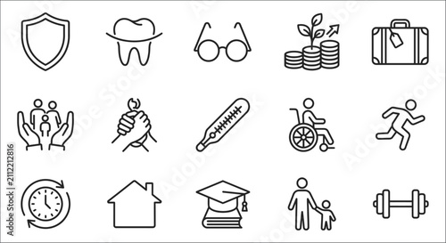Collection Of Line Icons Representing Security Health And Lifestyle Concepts On White Background accessibility assistance