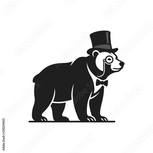 A sophisticated bear wearing a top hat and a monocle stands in profile
