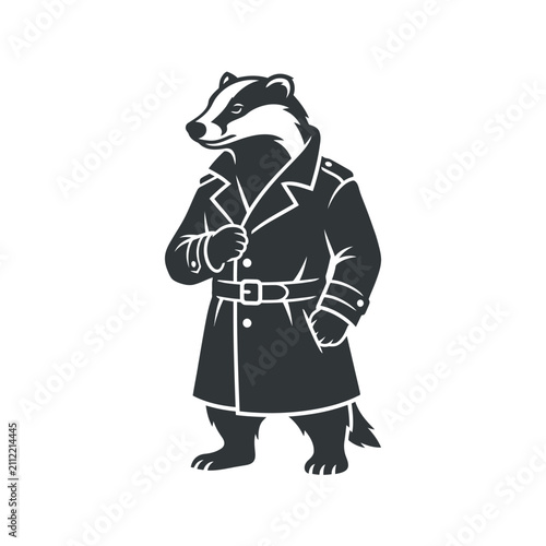 A stylized illustration of a badger wearing a trench coat