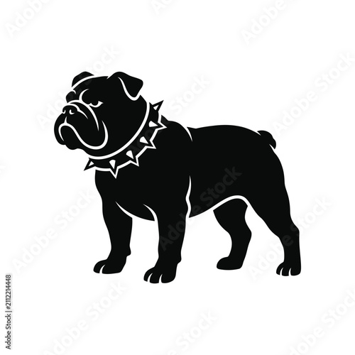A bold black silhouette of a muscular dog wearing a spiked collar