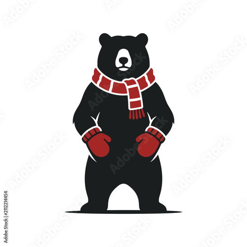 A stylized illustration of a black bear wearing a red winter scarf and matching mittens